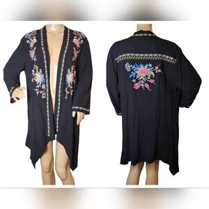 Paparazzi Linen Blend Black Floral Embroidered Open Cardigan Kimono Size Medium